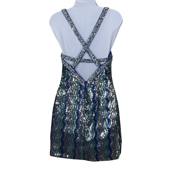 Xtreme Couture Green & Blue Wavy Sequin Mini Dress Embellished Straps 6 NWT - Picture 3 of 10